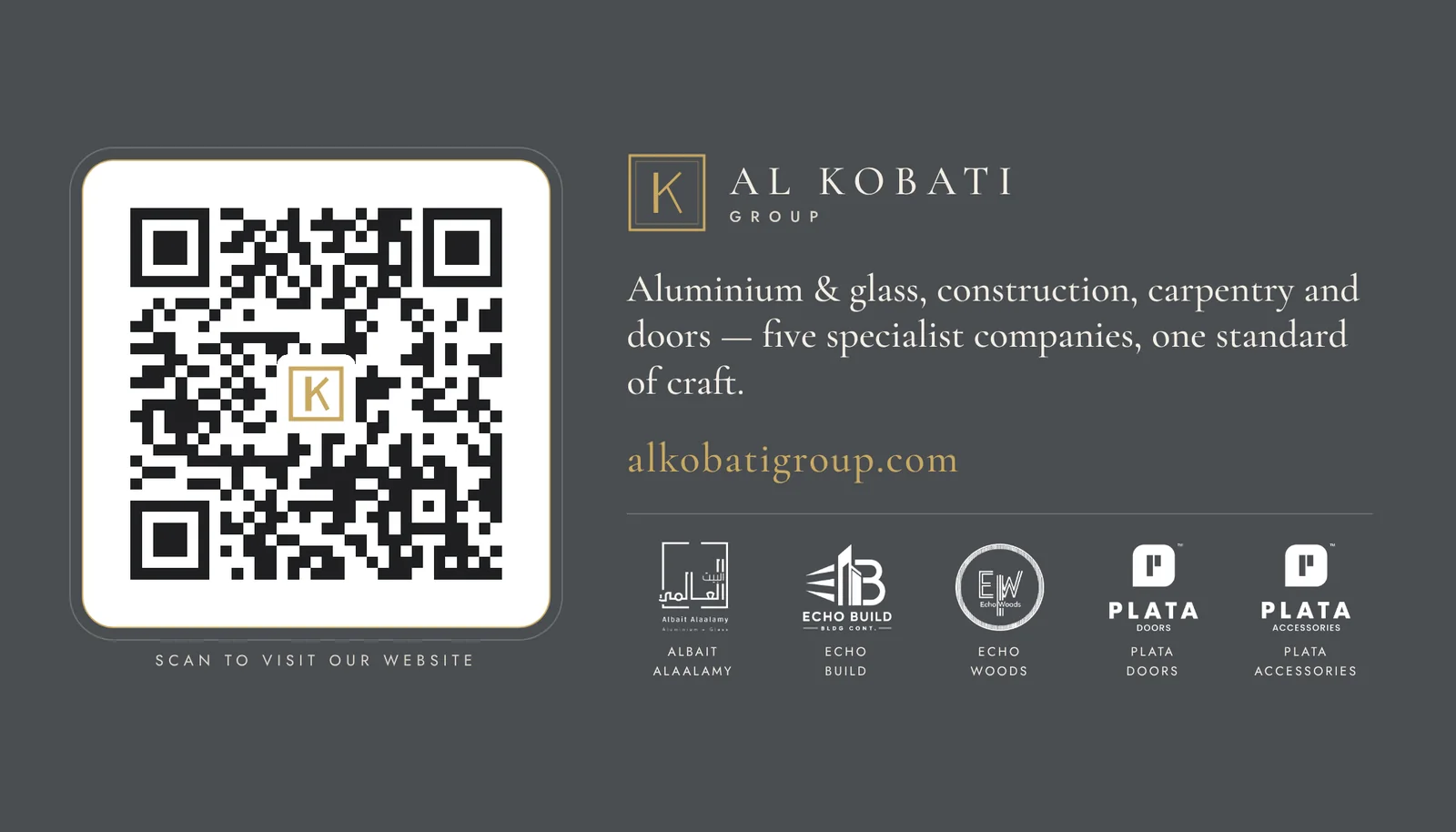 Business card, back: QR code that opens alkobatigroup.com and the five company logos